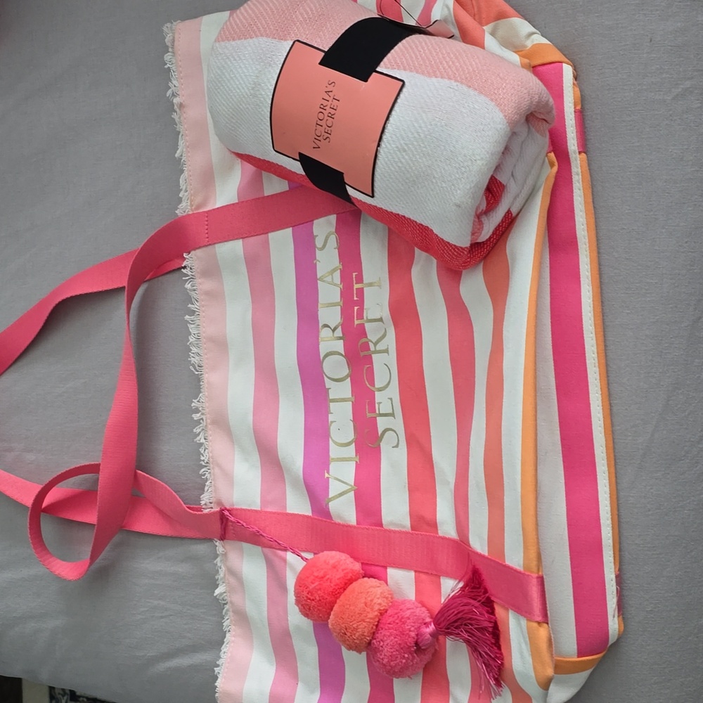 🐚Victoria's Secret Pink/Orange Tote Bag w Matching Beach Blanket